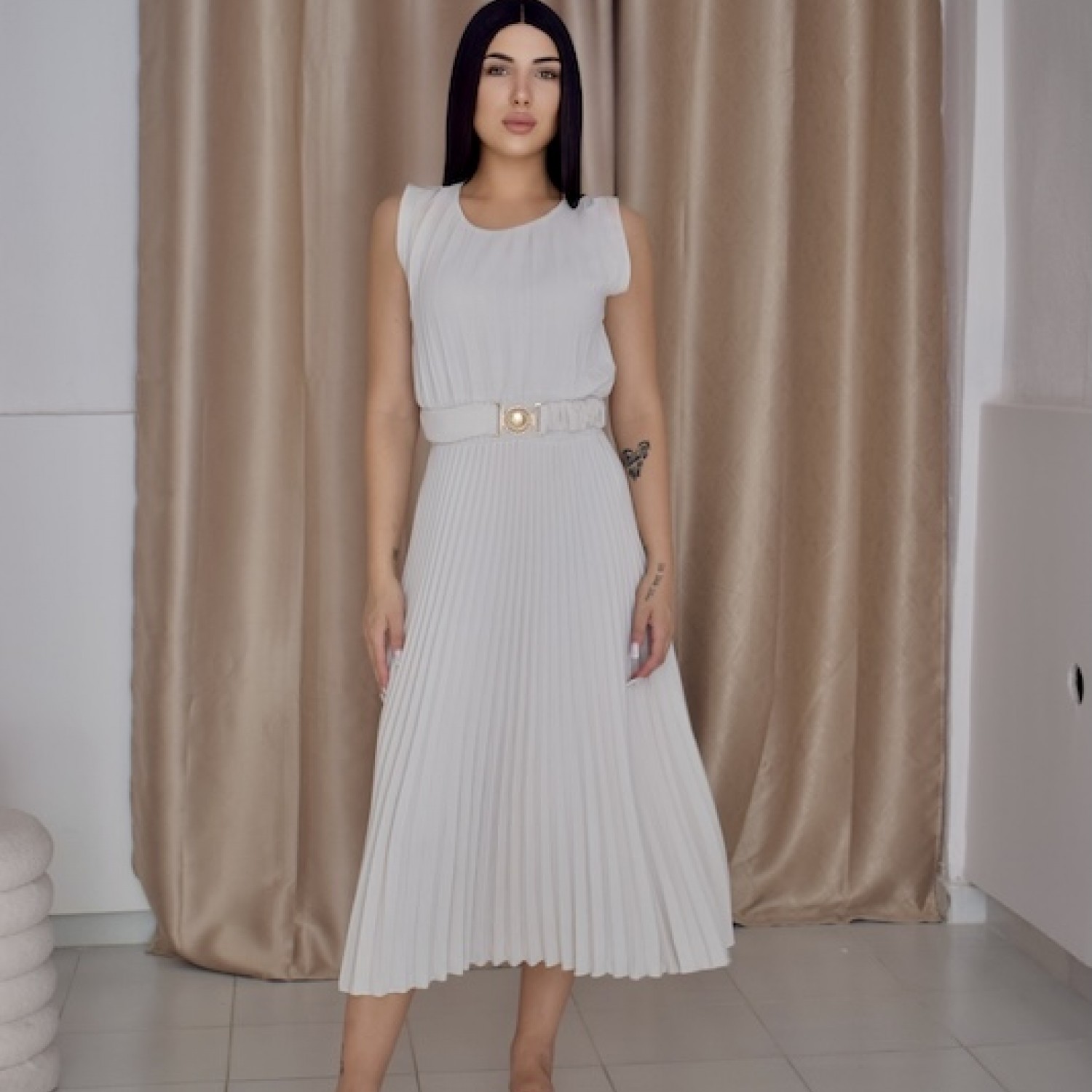 Athena Pleated Dress-Ivory