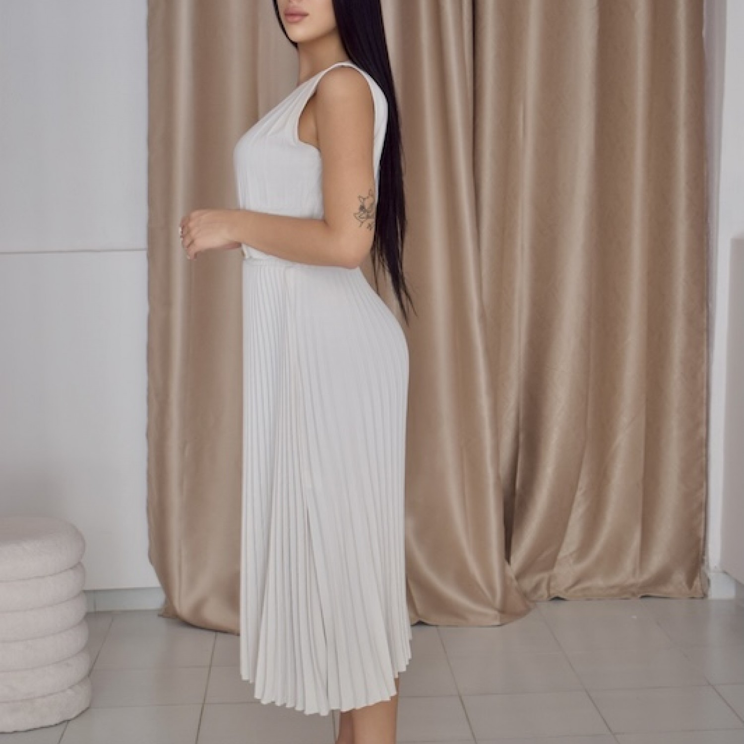 Athena Pleated Dress-Ivory