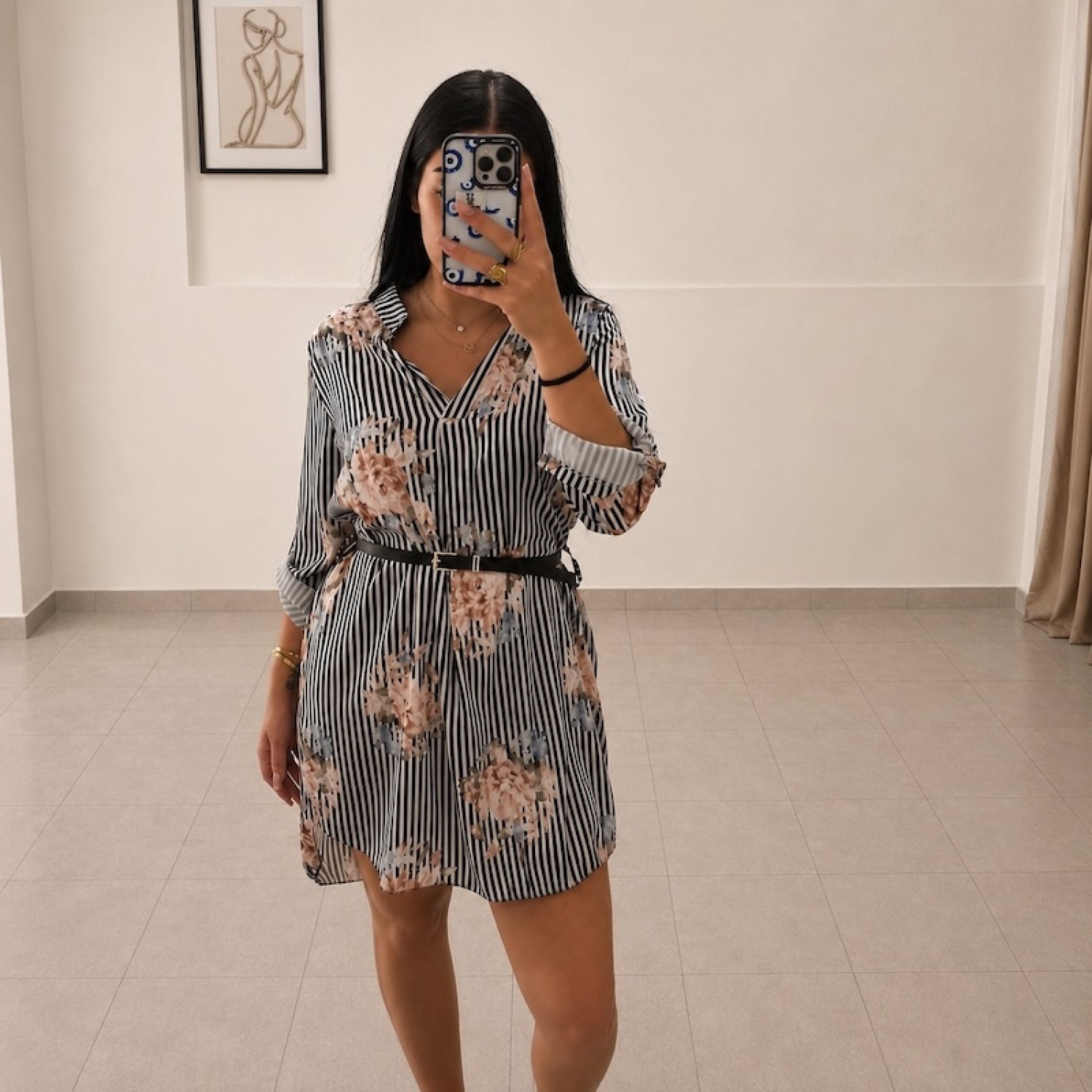 Blush Bloom Shirt Dress-Black